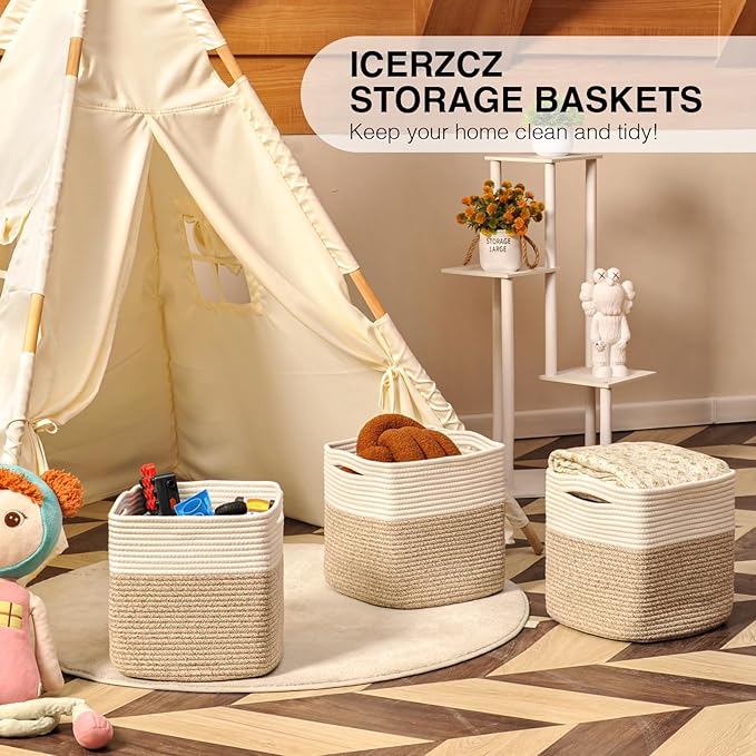 11 Inch Cube Storage Bins, Organizer Woven Cotton Rope Square Baskets - Image 6
