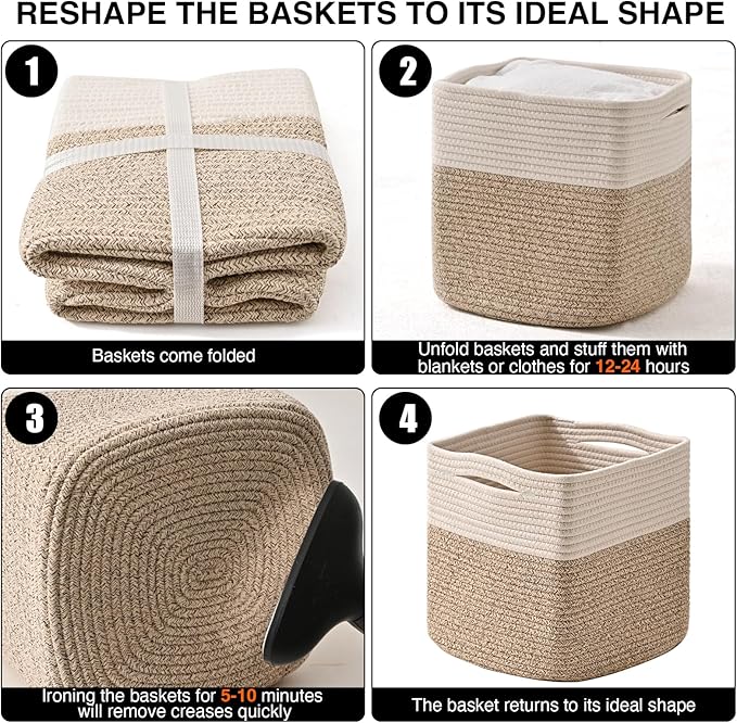 11 Inch Cube Storage Bins, Organizer Woven Cotton Rope Square Baskets - Image 7