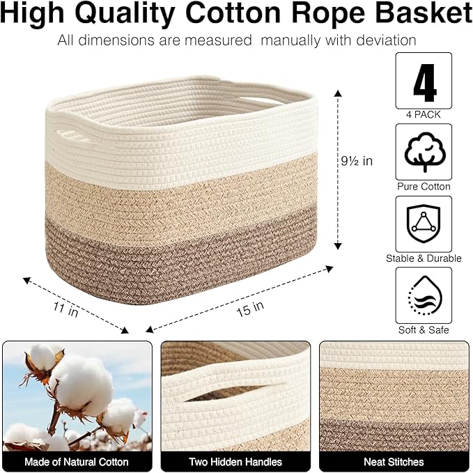 Storage Baskets for Organizing & Shelves, Woven Cotton Rope Organization Bins - Image 3