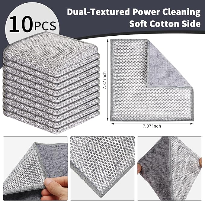 2 in 1 Stainless Steel Scrubber & Microfiber Cleaning Cloth, 10 Pack Towel & - Image 2