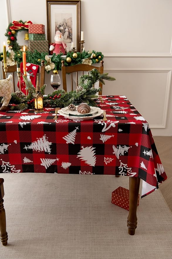 Red Waterproof Plaid Christmas Tree Tablecloth Fabric - Image 3