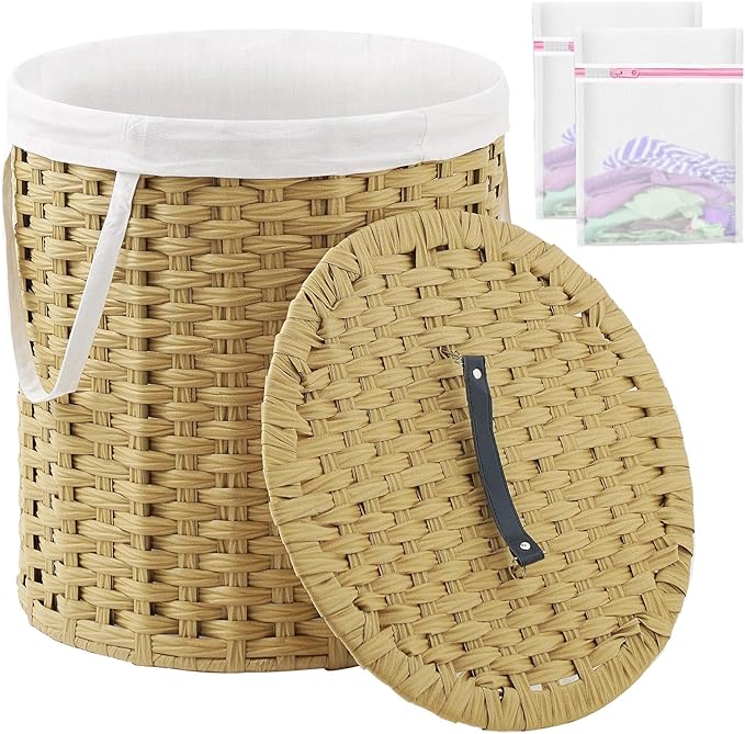Laundry Hamper with Lid Wicker Laundry Hamper Round 26.5 Gal Laundry Basket by SETVSON