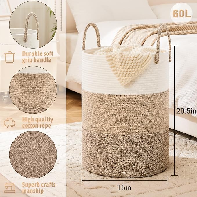 Laundry Basket, Woven Cotton Rope Laundry Hamper, 60L - Image 6