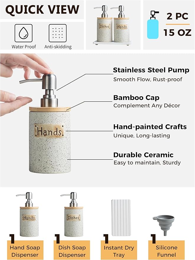 Kitchen Soap Dispenser Set, Ceramic Hand and Dish Soap Dispenser Set - Image 5