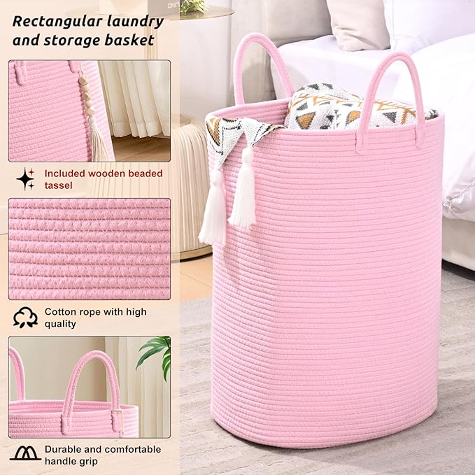 Woven Laundry Basket for Clothes, 65L Large Rectangle Laundry Hampers, Nursery - Image 3