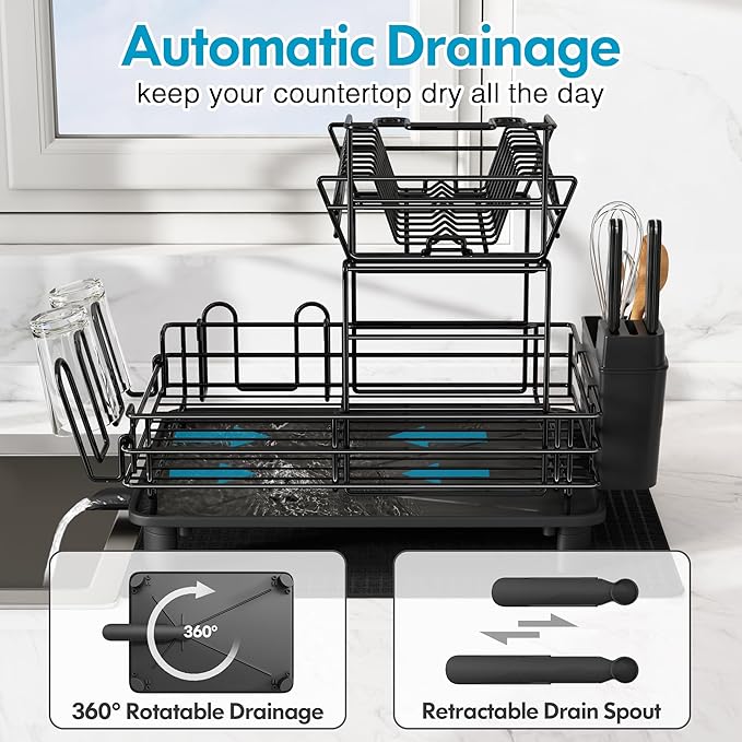 JASIWAY 2 Tier Black Large Stainless Steel Dish Drainers Drying Rack - Image 2