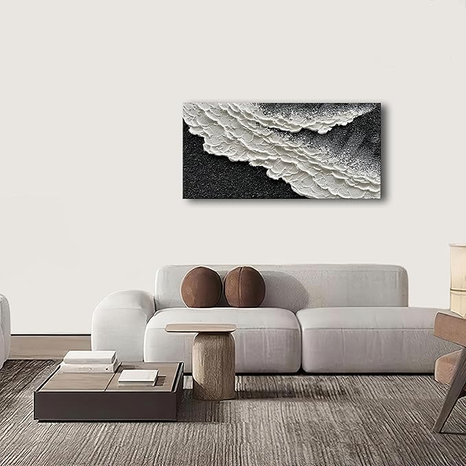 NANKAI 24x48 Inch Hand Painted 3D Ocean Wave Landscape Oil Painting Black and - Image 8