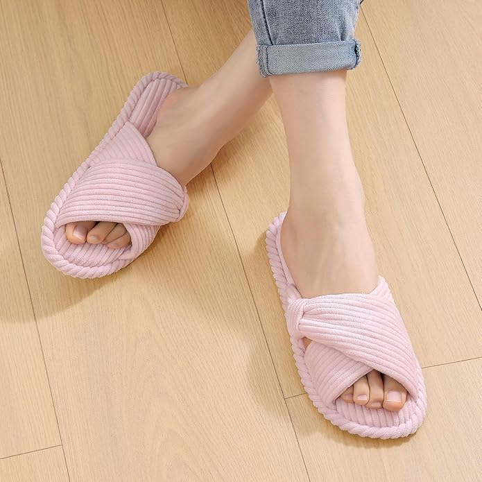 Evshine Summer House Slippers for Women Corduroy Cross Bow Indoor Slippers Open - Image 6