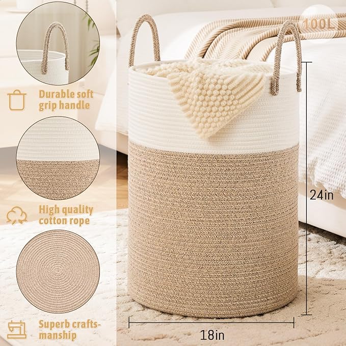 Laundry Basket, Woven Cotton Rope Laundry Hamper, 100L - Image 6