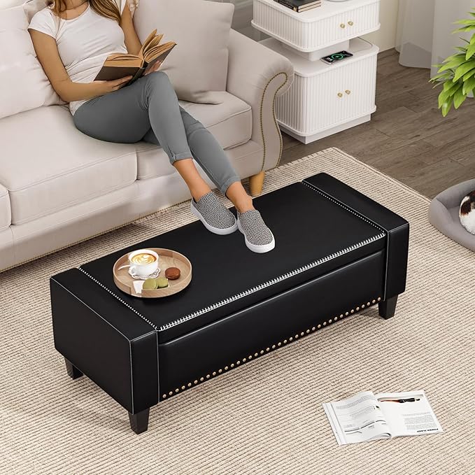 48.8" Storage Ottoman Bench Black | Faux Leather Bedroom Bench - Image 6