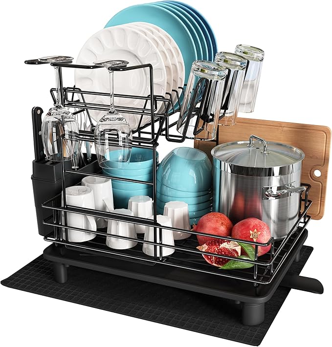 JASIWAY 2 Tier Black Large Stainless Steel Dish Drainers Drying Rack - Image 7