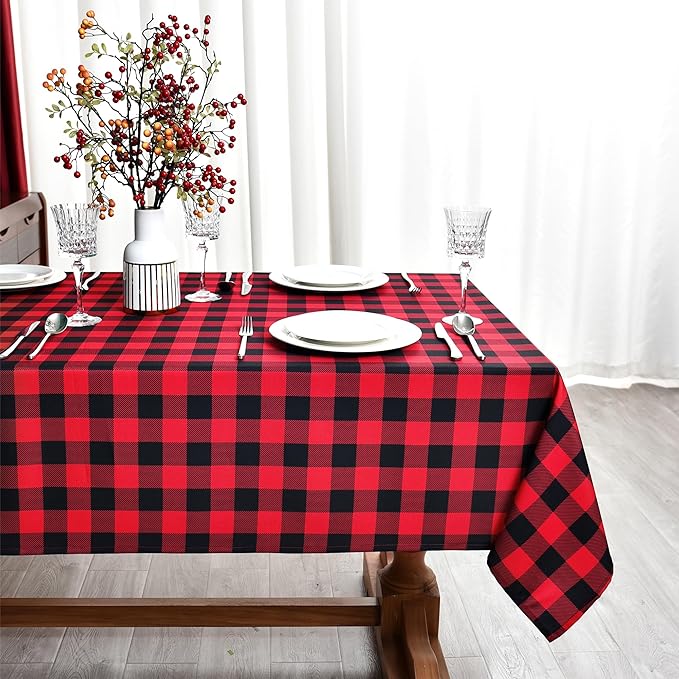 Red Waterproof Plaid Christmas Tablecloth Fabric by Essifunia