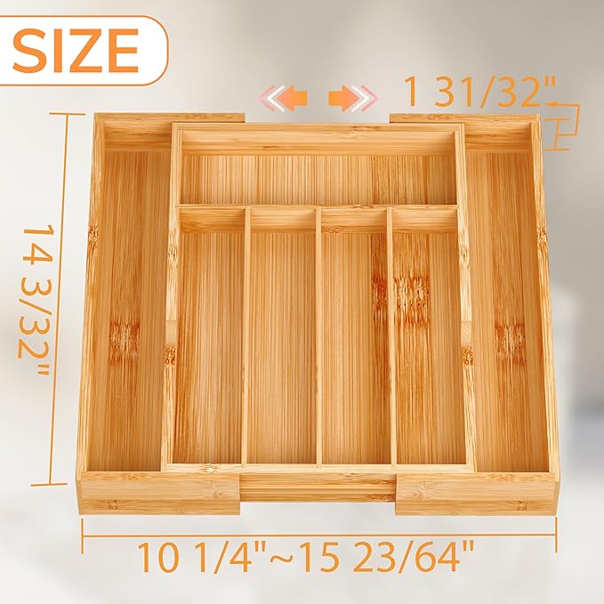 BAMEOS Bamboo Expandable Drawer Organizer, 5-7 Slots Kitchen Drawer Organizer - Image 2