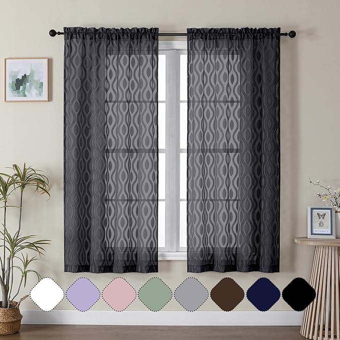 Aiyufeng Black Sheer Curtains 63 Inch Length 2 Panels Set, Solid Airy Light by Aiyufeng