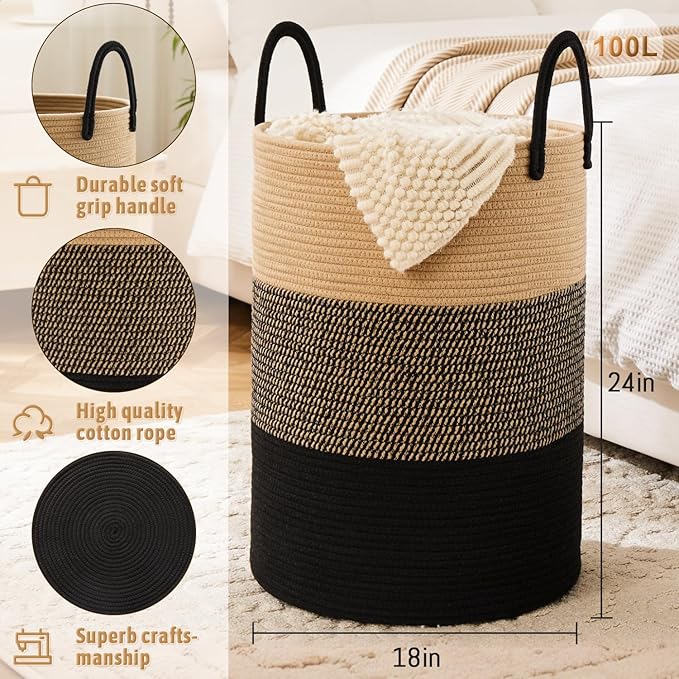 Laundry Basket, Woven Cotton Rope Laundry Hamper, 100L - Image 6