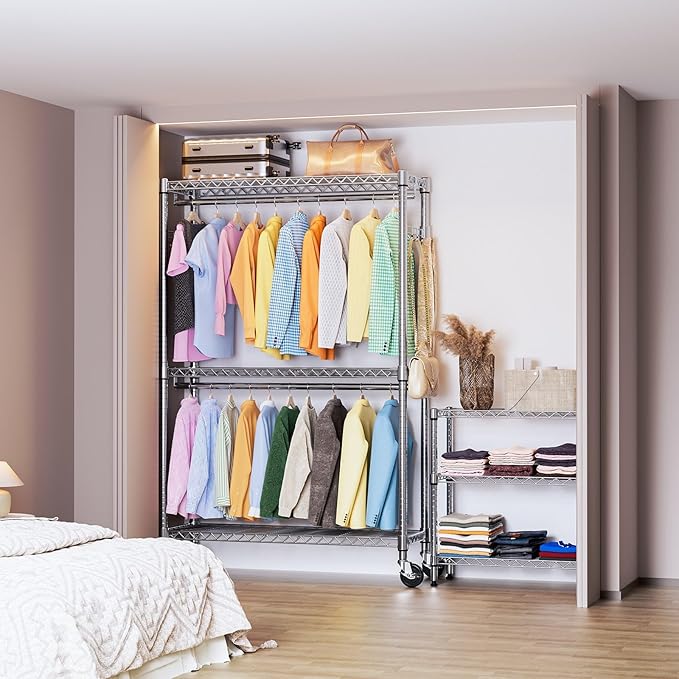 IZEUK 3-Tier Heavy Duty Rolling Garment Rack, Chrome Metal Freestanding Closet - Image 7