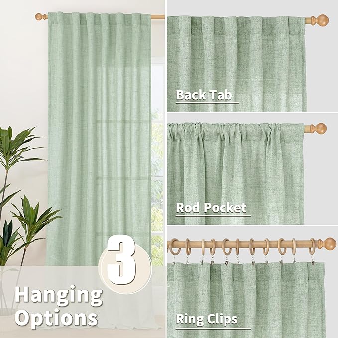 YoungsTex Sage Green Short Linen Curtains 48 Inch Length - Image 6