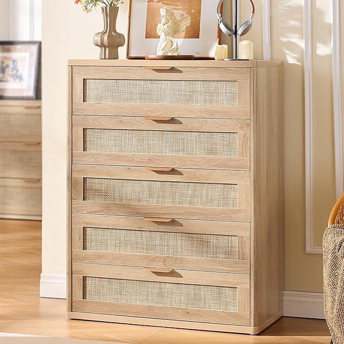 LEYAOYAO Rattan Dresser for Bedroom, Modern 5 Drawers Boho Dressers - Image 2
