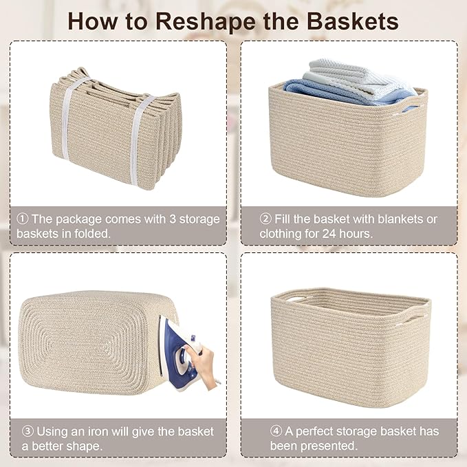 3-Pack Shelf Baskets for Organizing, Woven Storage Basket for Shelves, Cotton - Image 9