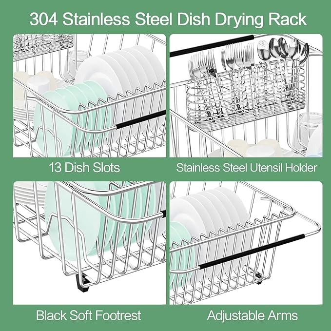 Large Sink Dish Drying Rack, Expandable 304 Stainless Steel Metal Dish Drainer - Image 7