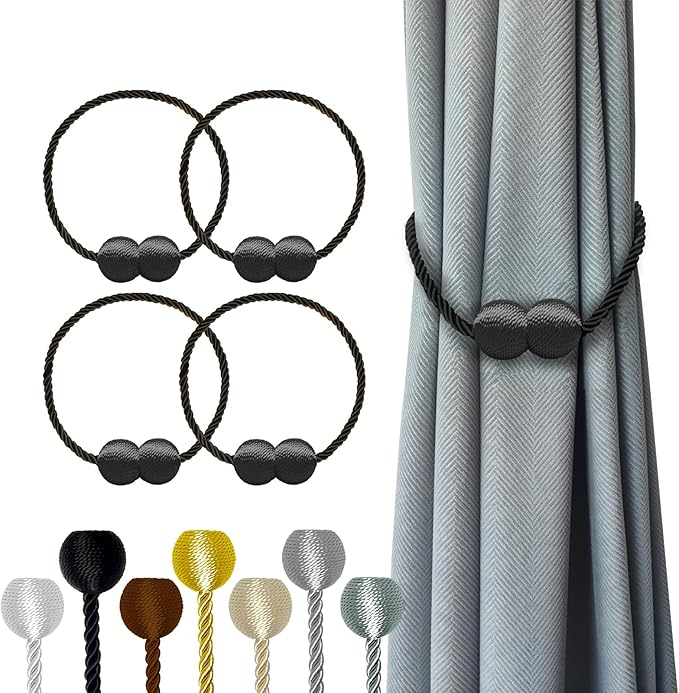 Hion Magnetic Curtain Tiebacks 4 Pack, Nickel-plated Metal and Polyester by Hion