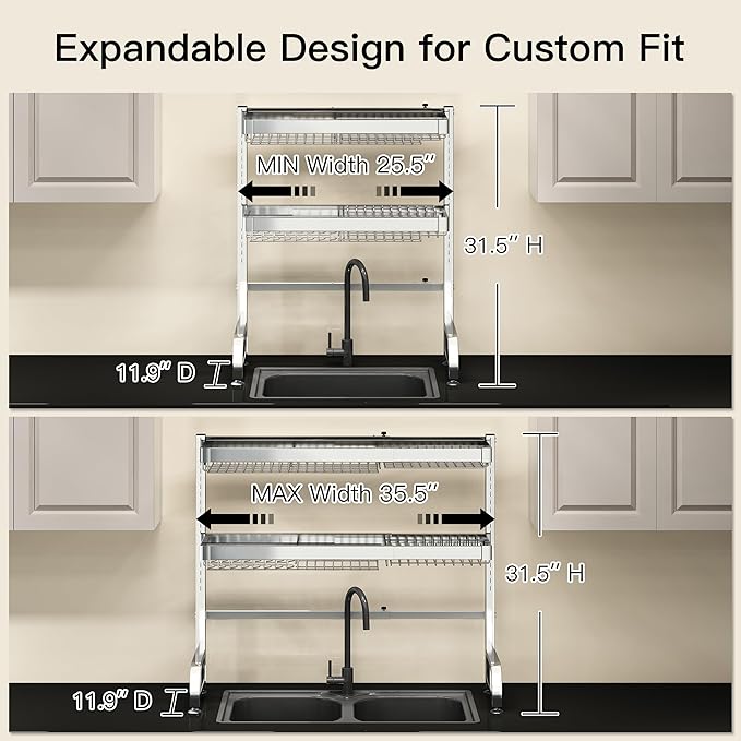 3 Tier Extra Large Stainless Steel Expandable Over The Sink Dish Drainer Drying - Image 3