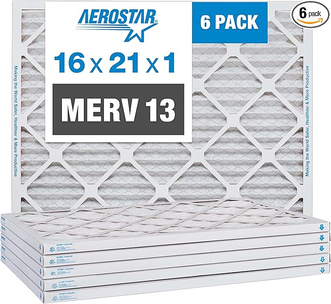 Aerostar 16x21x1 MERV 13 Pleated Air Filter, AC Furnace Air Filter, 6 Pack by AirFiltersDelivered