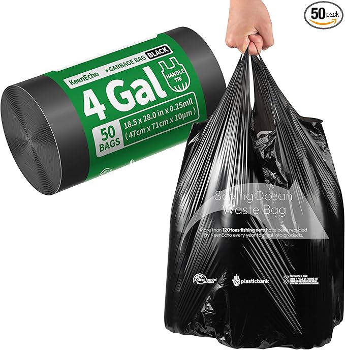 Small Trash Bags with Handles 4 Gallon 50 Count Black by KeenEcho