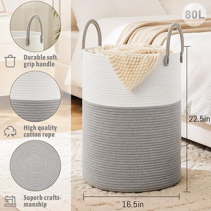 Laundry Basket, Woven Cotton Rope Laundry Hamper, 80L - Image 6