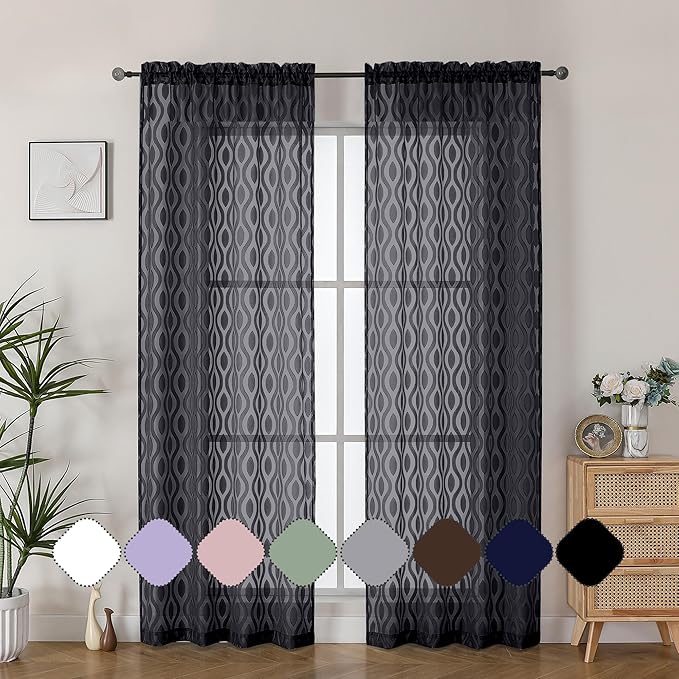 Aiyufeng Sheer Black Curtains 84 Inches Long 2 Panels, Solid Airy Light - Image 2