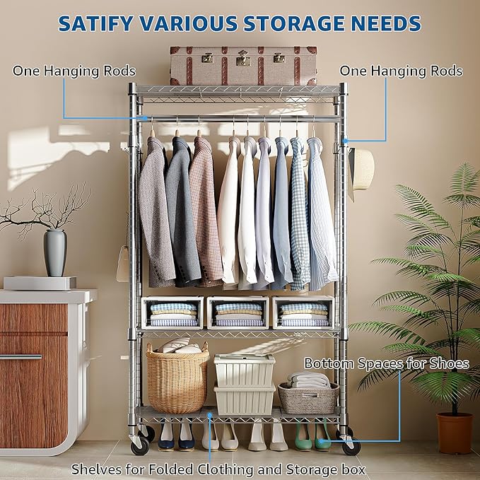 Heavy Duty Rolling Garment Rack 3 Tiers Adjustable Wire Shelving Clothes Rack - Image 3