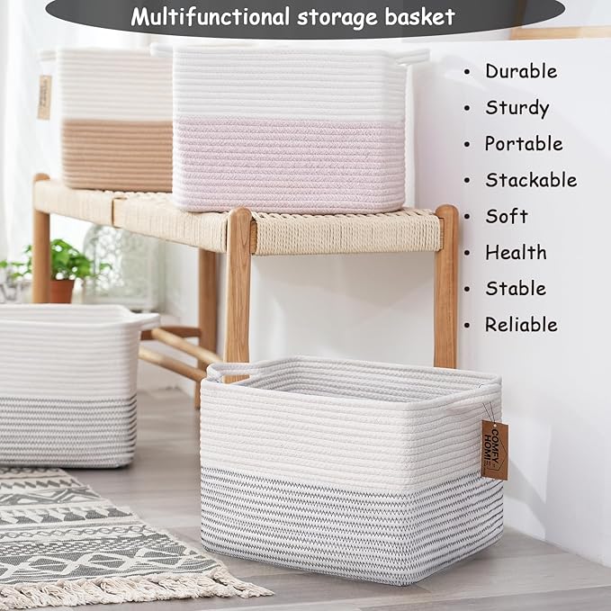 COMFY-HOMI 3 Pack Cotton Rope Square Basket - Image 6