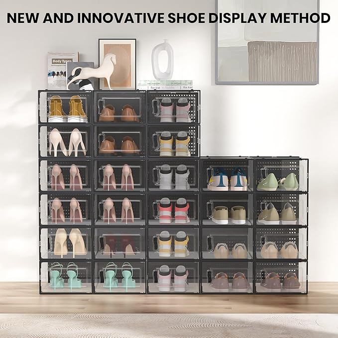 12 Pack XXX-Large Modular Clear Plastic Stackable Shoe Storage Organizer - Image 2