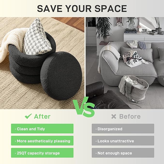 Round Ottoman with Storage Boucle Ottoman Stool with Storage Removable Lid - Image 5