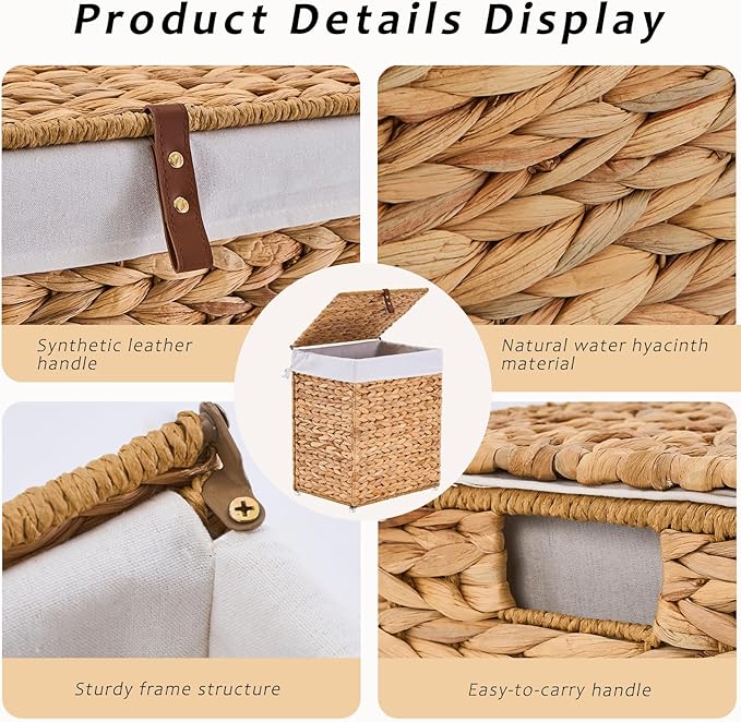 Handwoven Laundry Basket with Lid, Natural Water Hyacinth Storage Basket with - Image 7