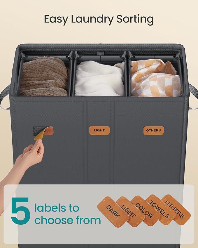 SONGMICS 42.2 Gallon Laundry Hamper, 3-Compartment Laundry Basket Sorter - Image 4