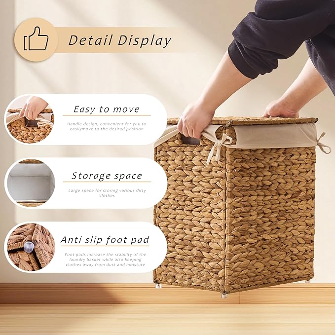 Handwoven Laundry Basket with Lid, Natural Water Hyacinth Storage Basket with - Image 6