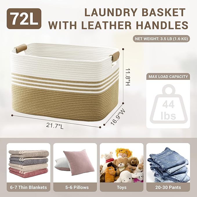 72L Large Laundry Basket with Leather Handles - Image 2