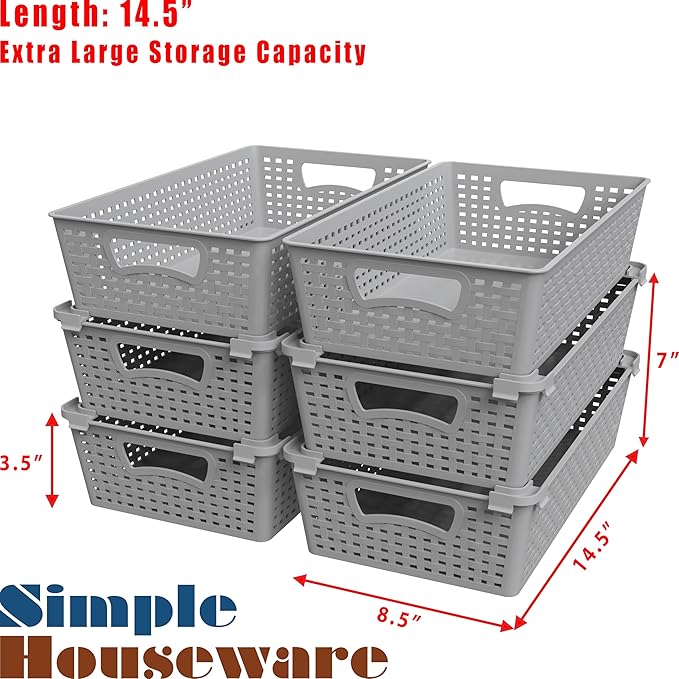 Simple Houseware Stackable Plastic Woven Basket Organizer, 6 Pack, 14.5" x 8.5" - Image 3