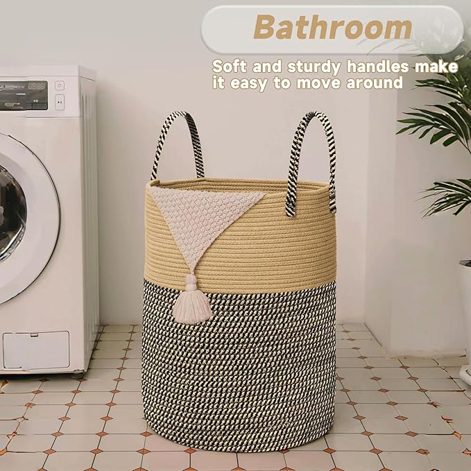 Large Woven Laundry Basket Hamper, 80L Cotton Rope Storage Bin - Image 5