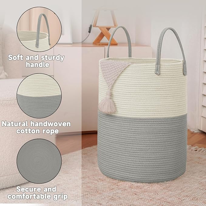Large Woven Laundry Basket Hamper, 100L Cotton Rope Storage Bin - Image 6