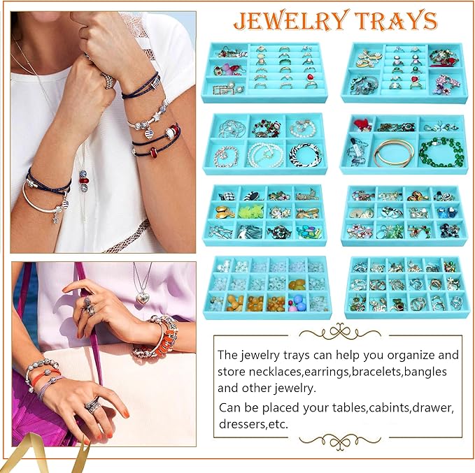 8 Pcs Velvet Jewelry Tray Stackable Jewelry Drawers Organizer Trays Rings - Image 9