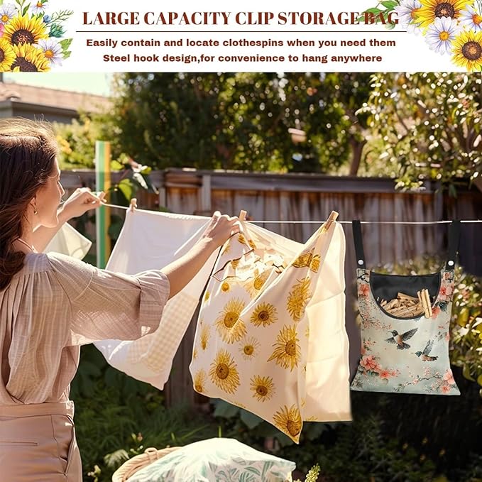 2 Pcs Hummingbird and Flowers Clothes Pin Bag, Small Hanging Laundry Bag - Image 5
