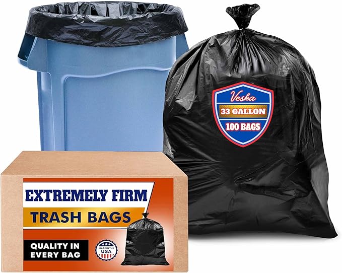 Veska 33 Gallon Trash Bags, Large Black Garbage Bags 30 Gallon, 32 Gallon by Veska