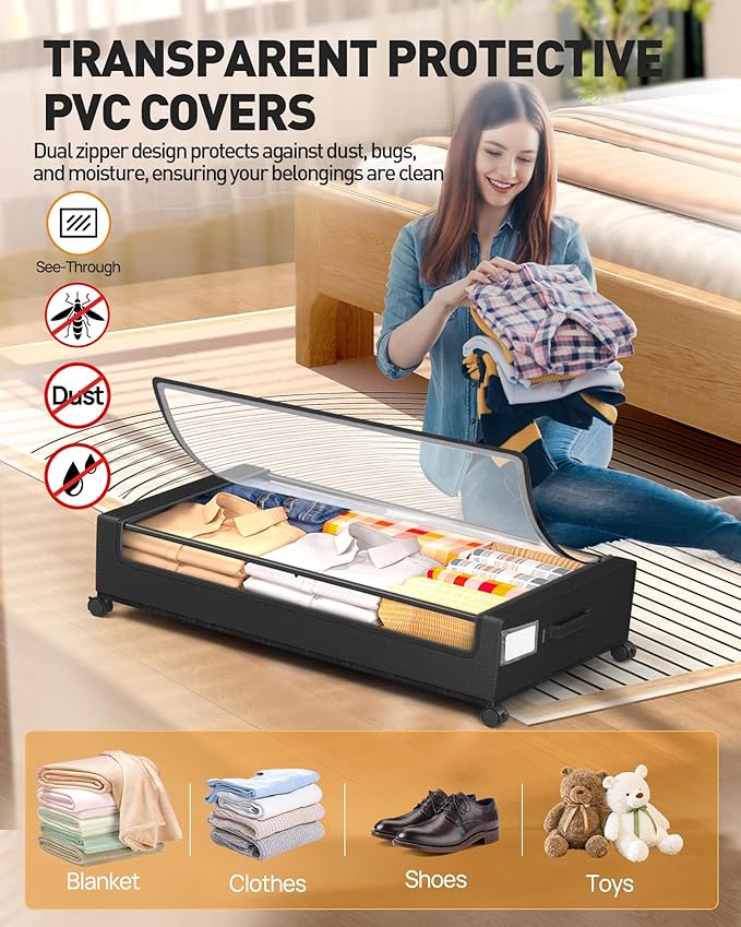 Under Bed Storage with Wheels, Square Under Bed Storage Containers, 4 Pack - Image 2