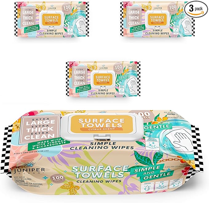 3 Packs Surface Cleaning Wipes Bleach Free, Thick & Large Dispose, All-Purpose by JuniperCLEAN