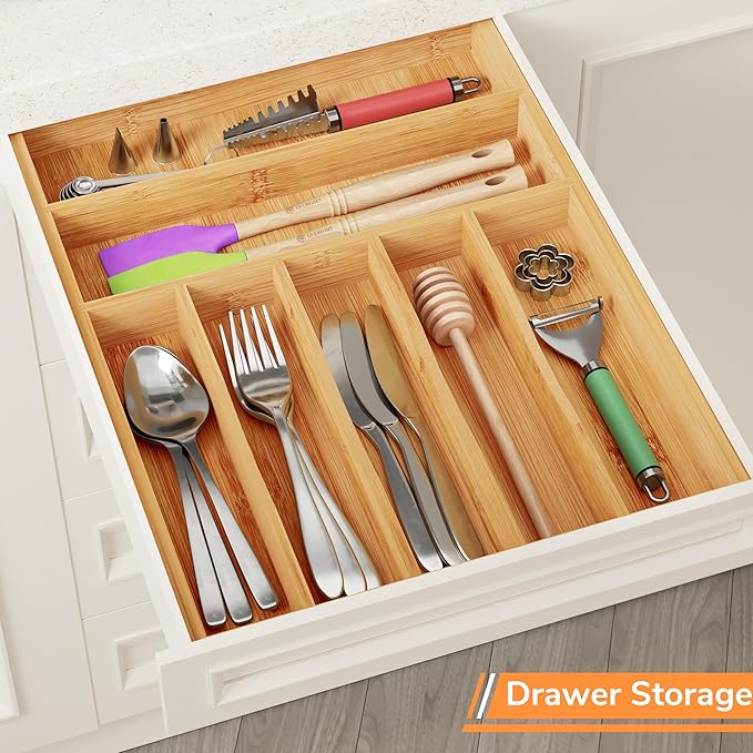 BAMEOS Bamboo Silverware Drawer Organizers, 11.9 inch Utensil Drawer Organizer - Image 4