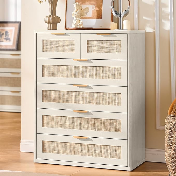 LEYAOYAO White Dresser for Bedroom Set of 2, Modern 6 Drawers Boho Rattan - Image 3
