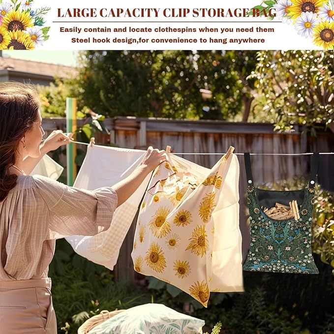 Vintage Scabious Leaf Print Reinforced Clothespin Holder Bag 14.5x12in - Image 5