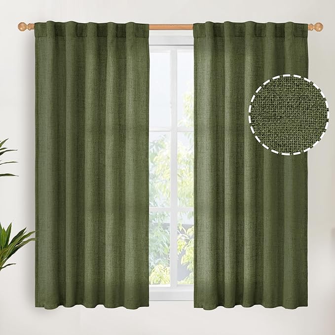 YoungsTex Olive Green Linen Curtains 45 Inch Length, Short Window Drapes Light by YoungsTex